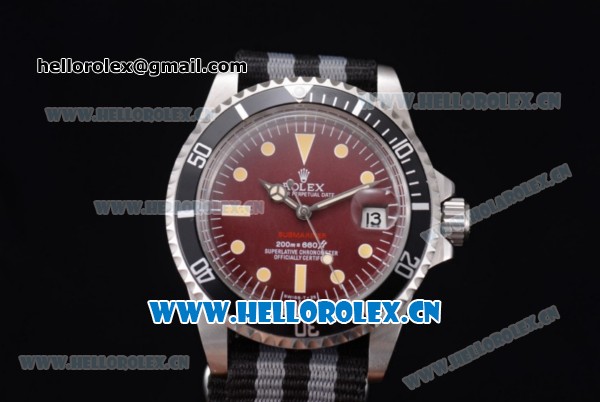 Rolex Submariner Vintage Asia 2813 Automatic Steel Case Red Dial Dot Markers and Black/Grey Nylon Strap - Click Image to Close